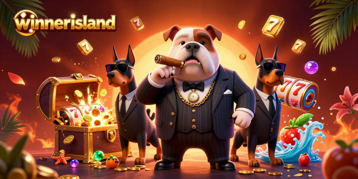 winnerisland casino artwork showcasing a mafia bulldog and Doberman bodyguards amidst casino-themed elements and riches
