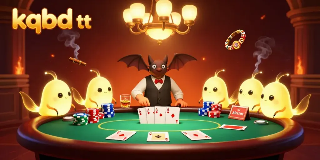Engage with kqbd tt in an animated casino scene featuring glowworms as dealers, poker elements, and vibrant colors.