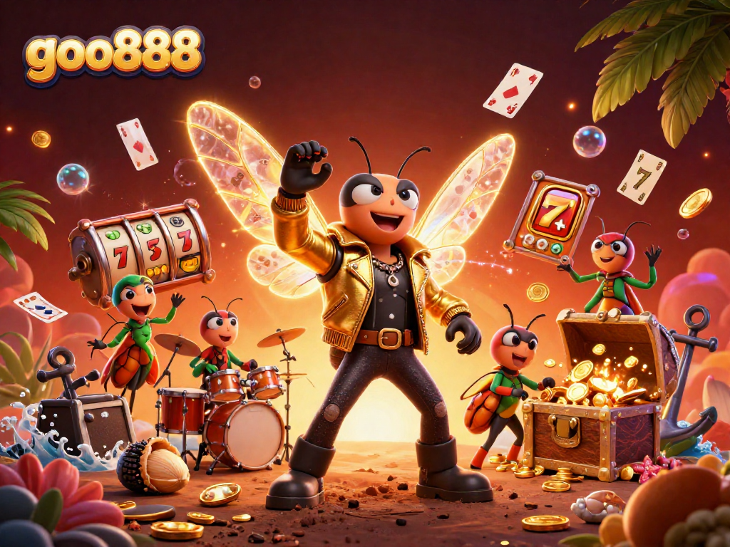 Spin and win at goo888 in a vibrant casino-themed illustration with cartoon characters and dynamic game elements.