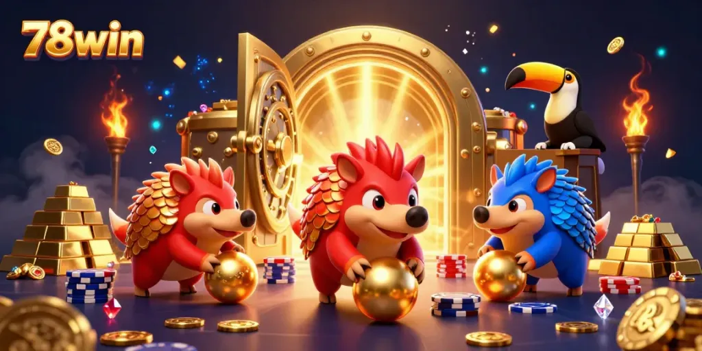 Experience exciting gameplay at 78win with pangolins bowling through poker chips amid shining treasures.