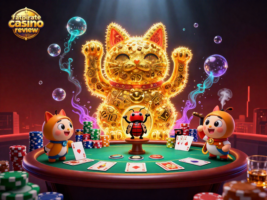FatPirate Casino Review showcasing a dynamic lucky cat amidst vibrant poker elements.
