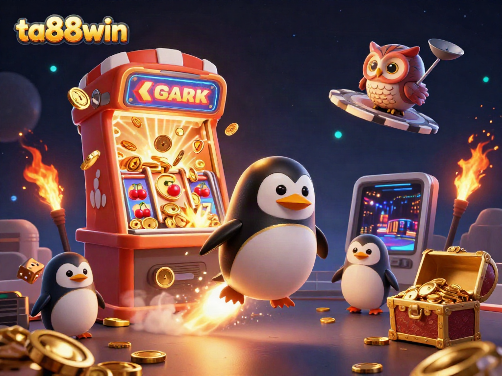 Excite in the virtual realm with ta88win's thrilling casino adventure, highlighted by a golden penguin and jackpot slots.