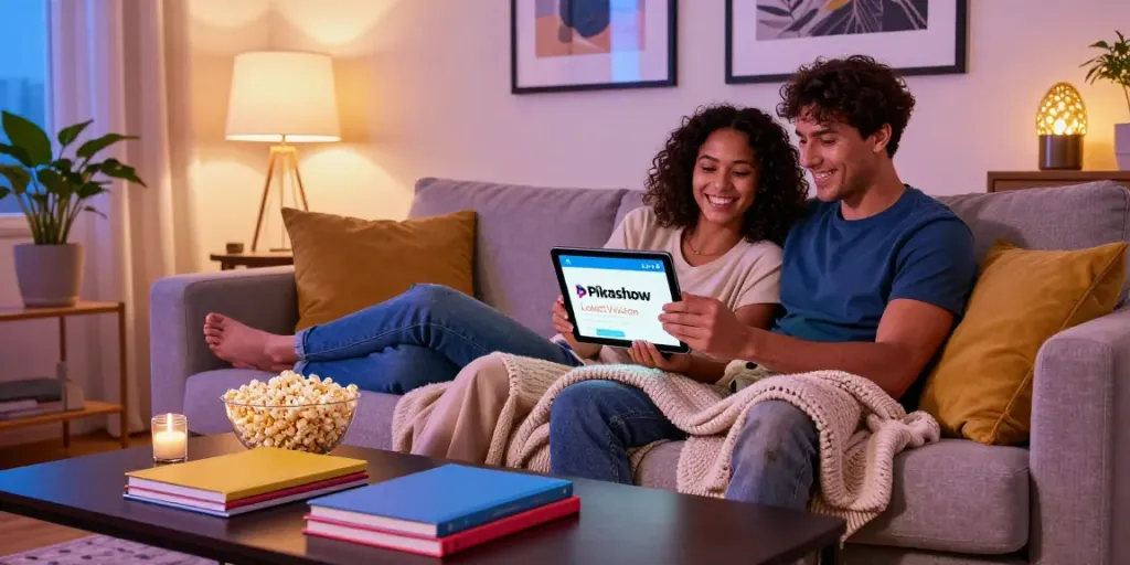 Couple enjoying streaming from Pikashow Latest Version in cozy living room.