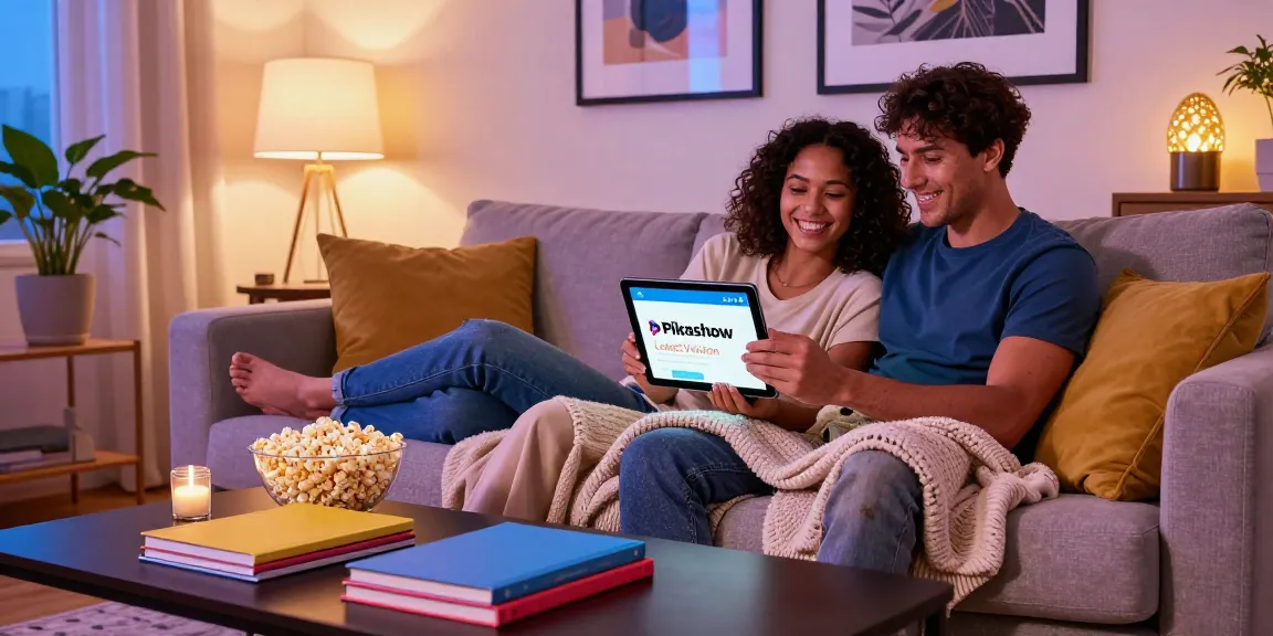 Couple enjoying streaming from Pikashow Latest Version in cozy living room.