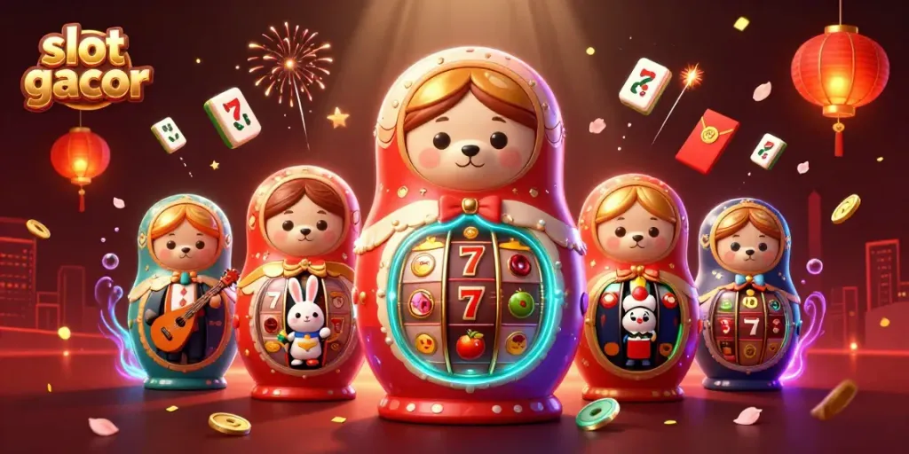Engage in slot gacor action with vibrant casino-themed characters celebrating big wins in a lively illustration.