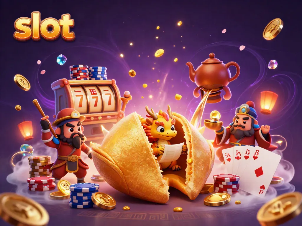 Engage with exciting slot action featuring a golden fortune cookie and dragon amidst dynamic casino elements.