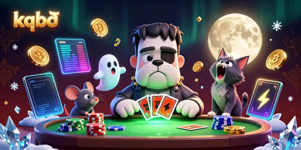 Engage with kqbđ at the lively casino scene with a Frankenstein bulldog dealer, ghost mouse, and werewolf kitten.
