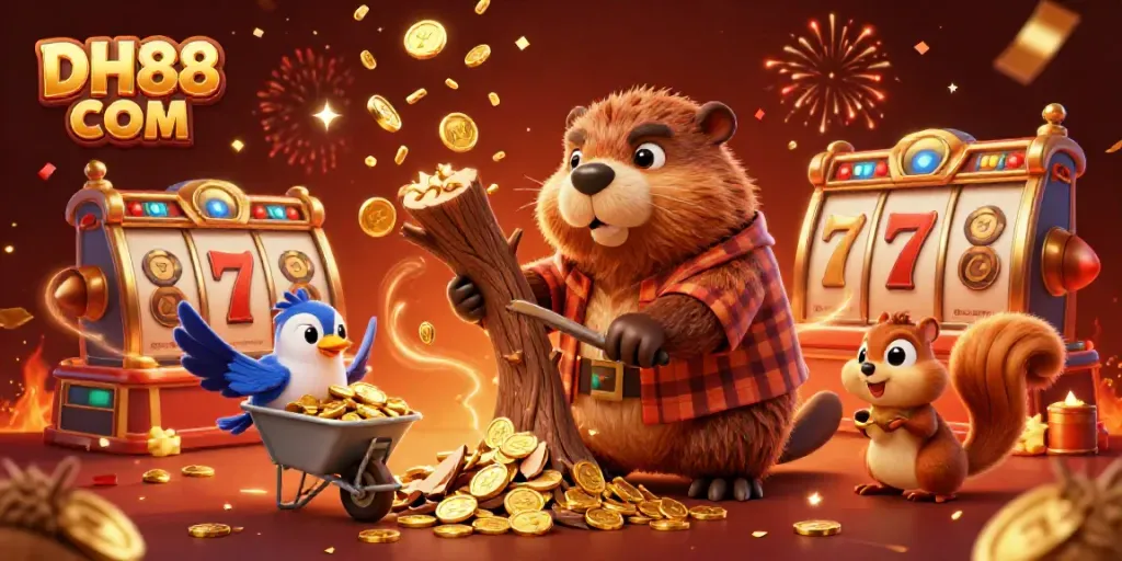 Join the excitement of DH88 COM as the lumberjack beaver tosses golden coins in a vibrant casino scene