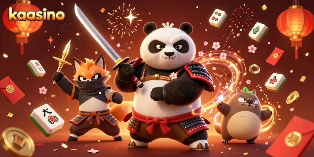 Kaasino casino scene with a samurai panda and fiery decorations, offering thrilling gaming atmosphere.