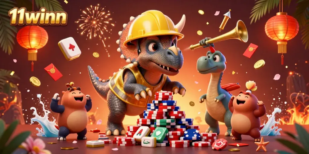 Engage in thrilling gaming at 11winn with vibrant 3D characters celebrating casino excitement and poker chip stacking.