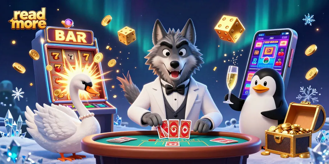 Engage with the read more experience, featuring a cartoon wolf at a baccarat table with a swan and penguin amidst a vibrant casino scene.