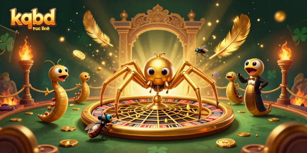 Experience kqbd truc tuyến with a golden web roulette scene featuring a spider, fly, and croupier.