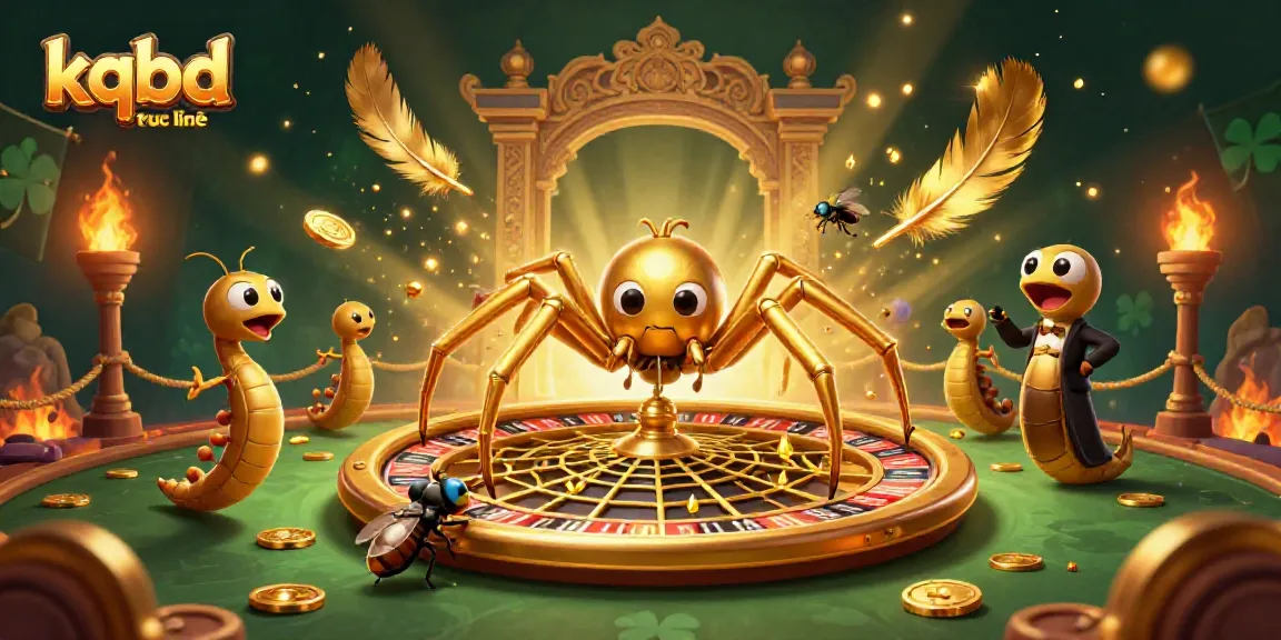 Experience kqbd truc tuyến with a golden web roulette scene featuring a spider, fly, and croupier.