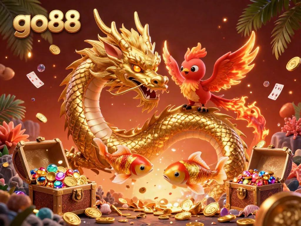 Engage with go88's dynamic gaming realm featuring a fierce dragon, phoenix, and koi fish amidst gold coins.
