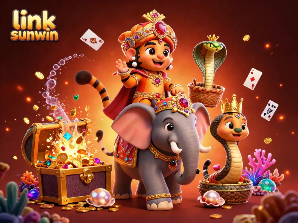 Bet big with link sunwin in a vibrant 3D casino scene featuring treasure and iconic characters.