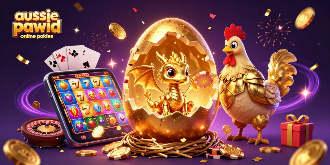 Aussie payid online pokies feature a stunning digital art of a golden baby dragon nestled in poker chips, surrounded by vibrant casino elements.