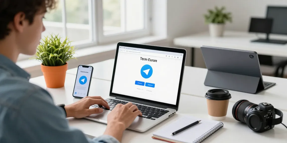 Download Telegram on a sleek laptop in a vibrant workspace, highlighting communication tools.