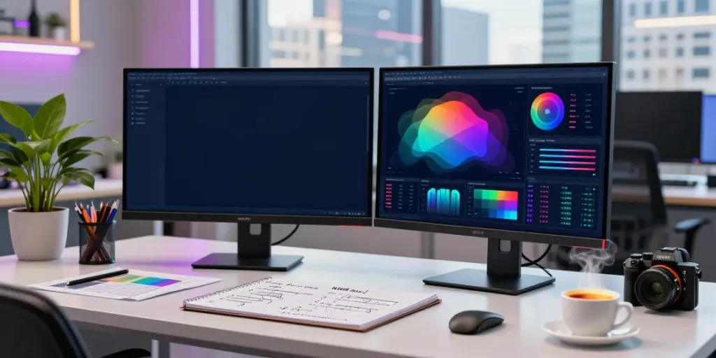 Data analyst using an AI visibility platform in a modern office.