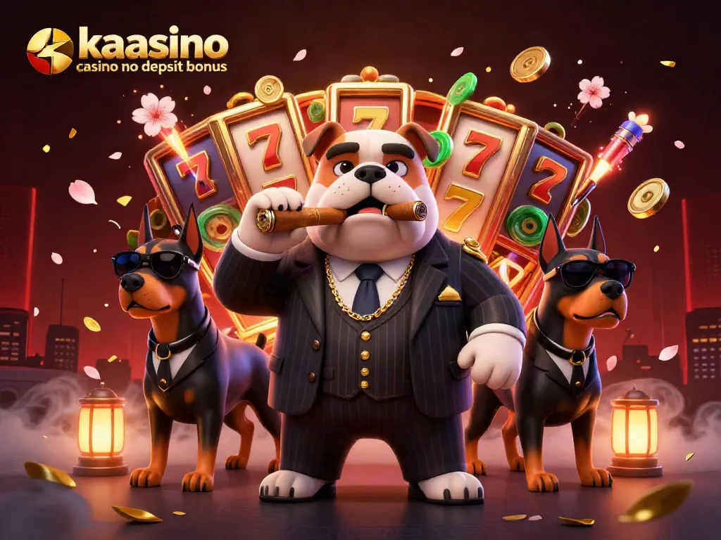 Kaasino casino no deposit bonus showcased in a vibrant 3D illustration with mafia boss and Doberman bodyguards among casino elements.