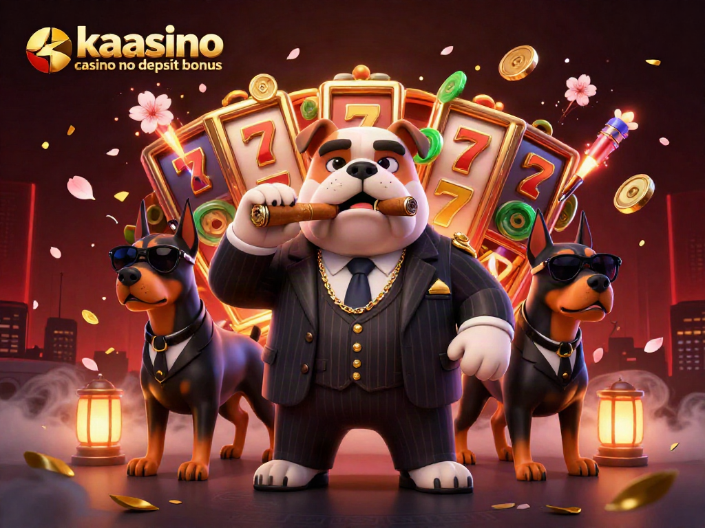 Kaasino casino no deposit bonus showcased in a vibrant 3D illustration with mafia boss and Doberman bodyguards among casino elements.