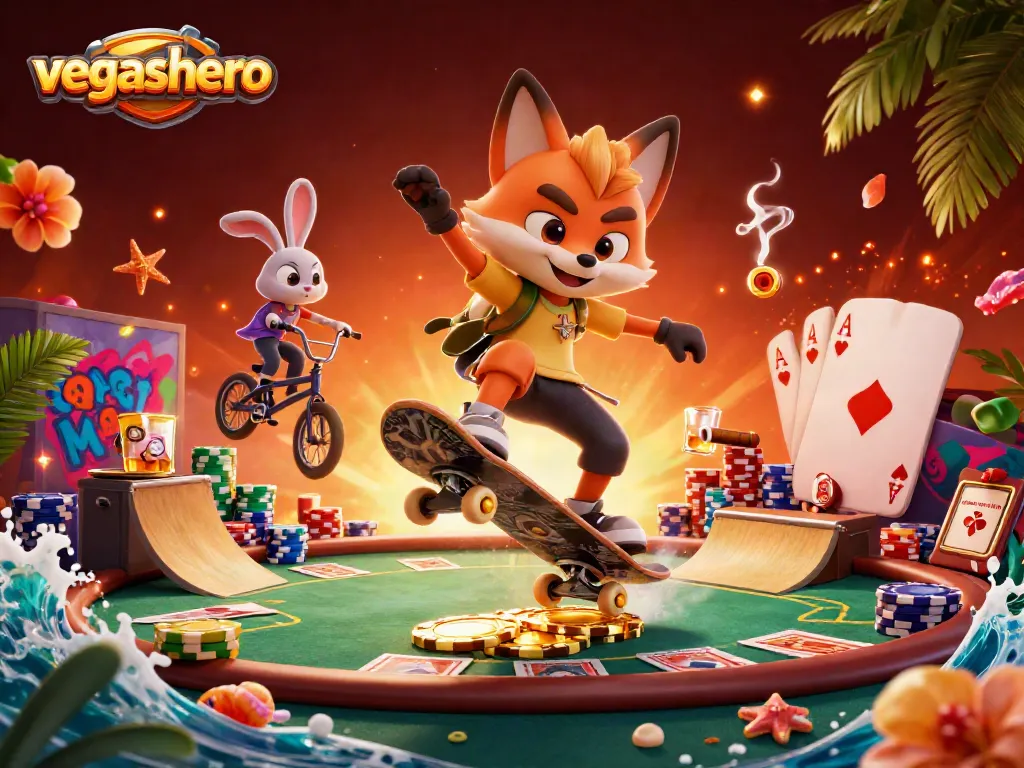 Engage with vegashero's vibrant 3D gaming scene featuring casino-themed characters and elements.