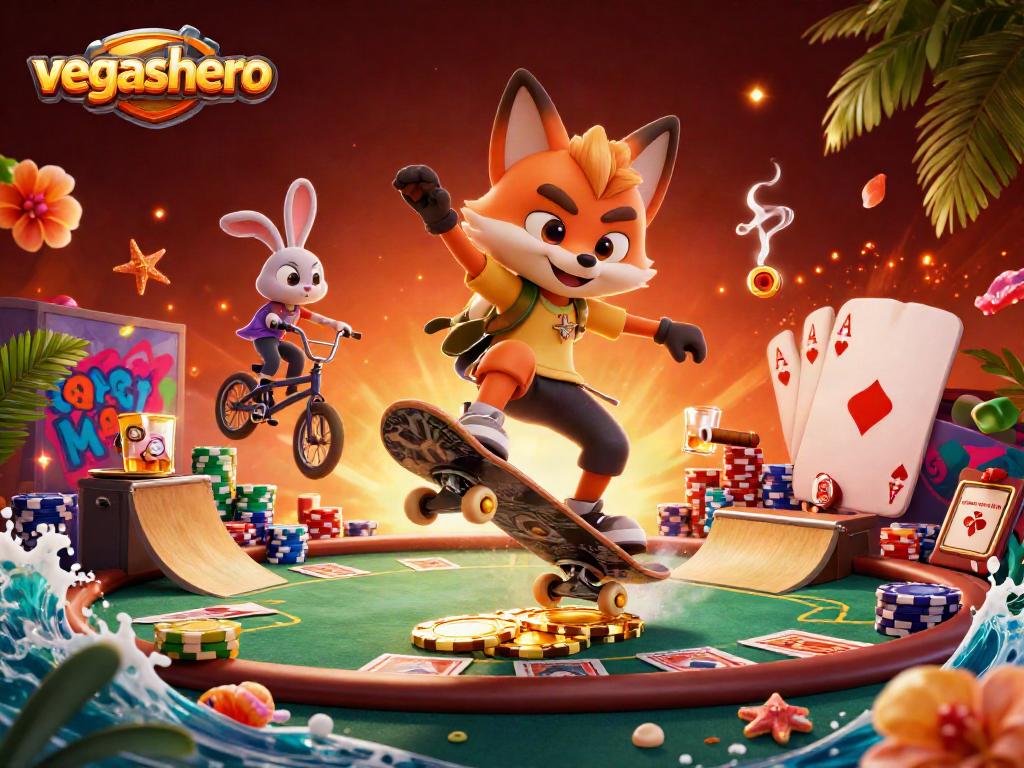 Engage with vegashero's vibrant 3D gaming scene featuring casino-themed characters and elements.