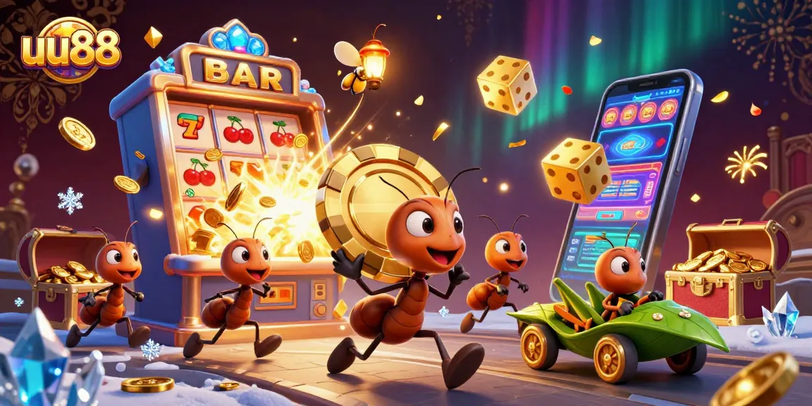 Experience thrilling casino action with uu88 as ants heist a giant poker chip amidst a vibrant jackpot.