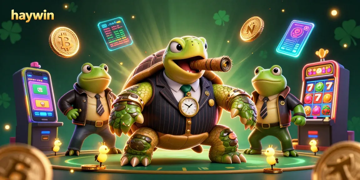 Experience the thrill of haywin's dynamic casino scene featuring a snapping turtle mobster surrounded by vibrant slot machines.