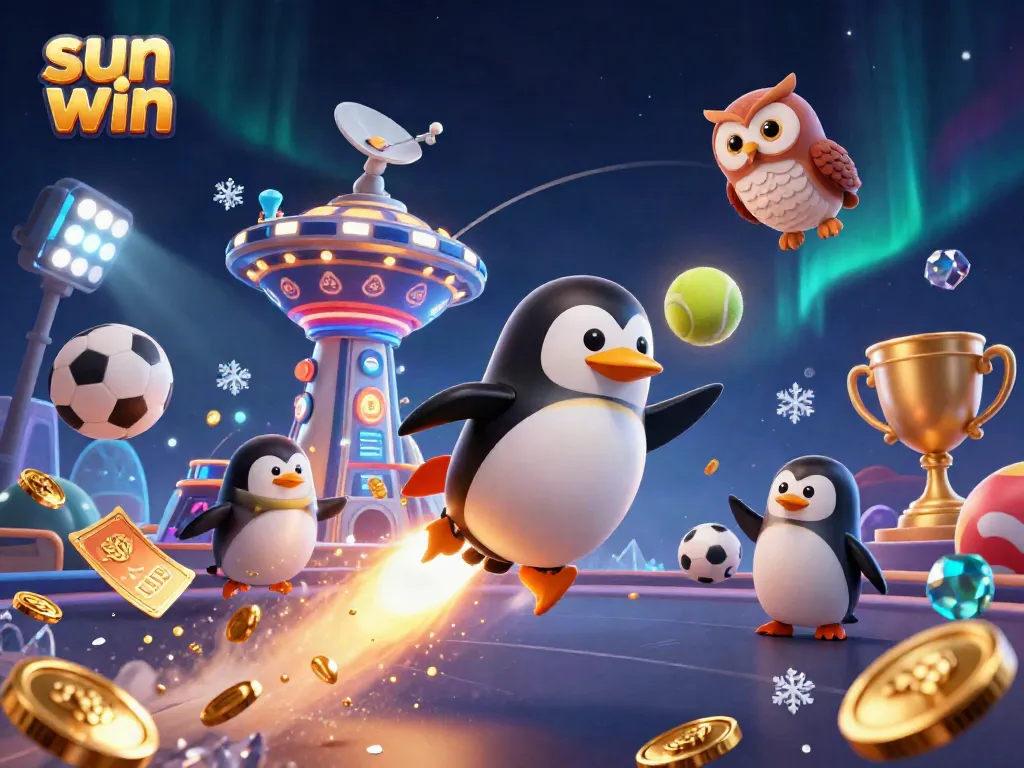Experience the thrill of sun win with a dynamic scene featuring a golden penguin racing to a casino station.