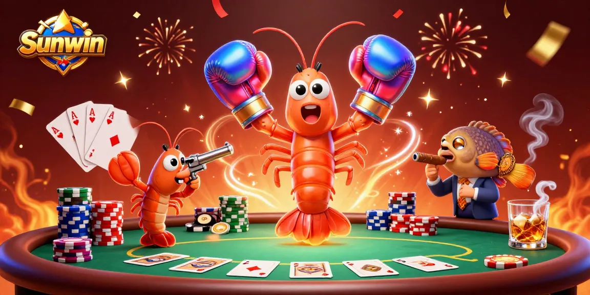 Sunwin showcases animated characters playing cards at a vibrant poker table, celebrating wins in an engaging casino atmosphere.