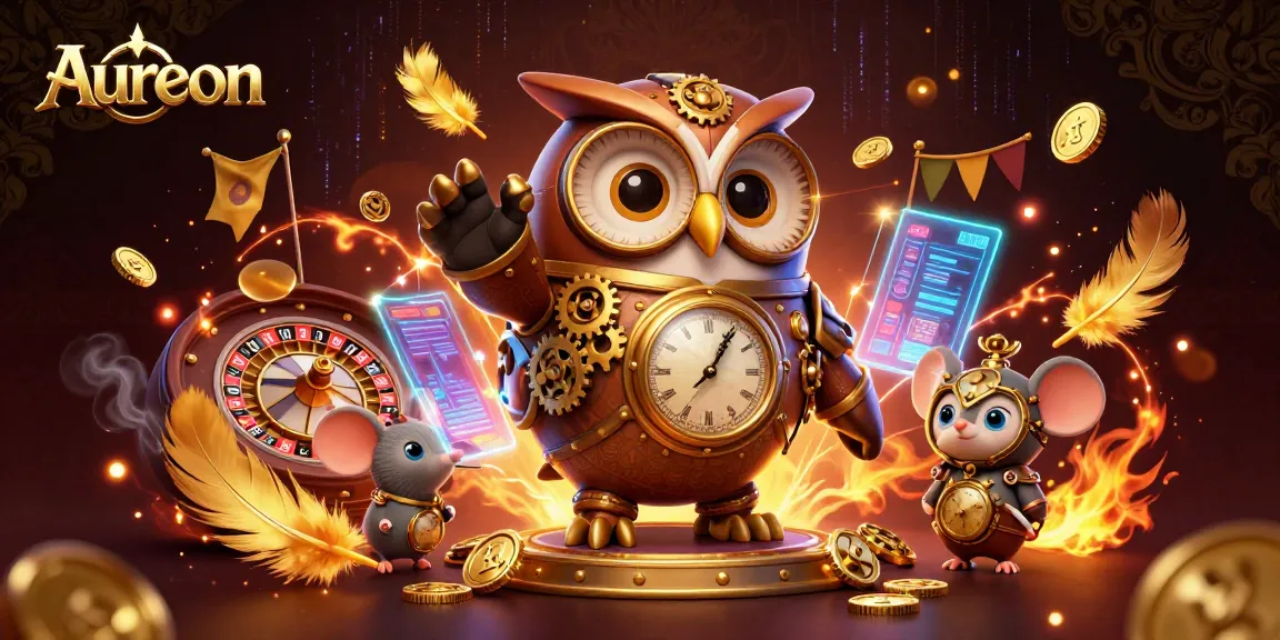 Aureon showcases a vibrant casino scene with a time-traveler owl and exciting gaming action.