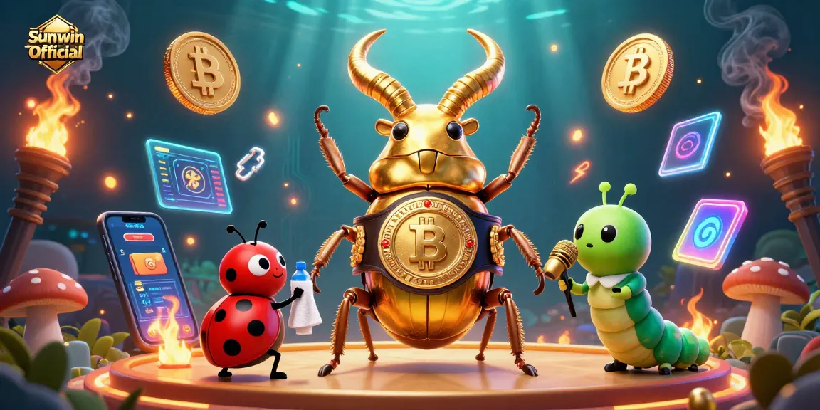 Engage in thrilling gaming with Sunwin Official featuring a vibrant 3D illustration of a golden stag beetle boxing champion.